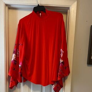Free People Red Mock Neck Tunic with Embroidered Bell Sleeves